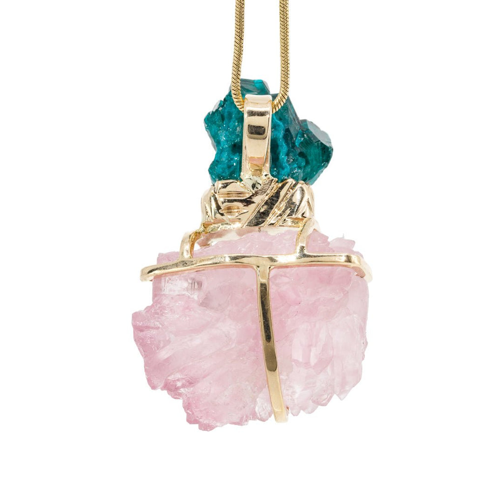 Rose Quartz 30.37 Carat with Dioptase 14k Handcrafted Natural Crystal Pendant - KKO-217 - Crystalarium