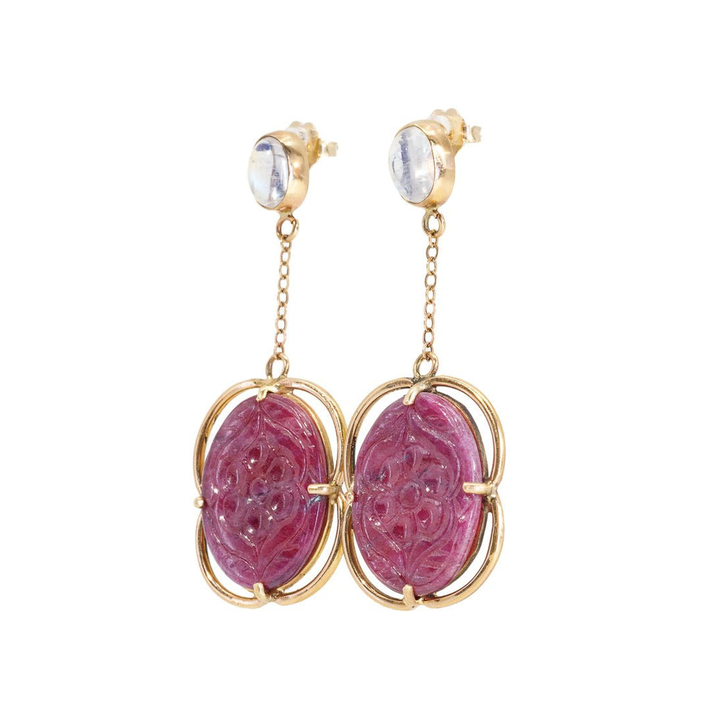 Ruby 15.38 carats Floral Carving with Moonstone 14K Handcrafted Gemstone Earrings - YO-080 - Crystalarium