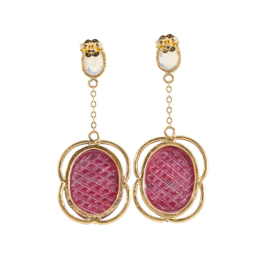 Ruby 15.38 carats Floral Carving with Moonstone 14K Handcrafted Gemstone Earrings - YO-080 - Crystalarium