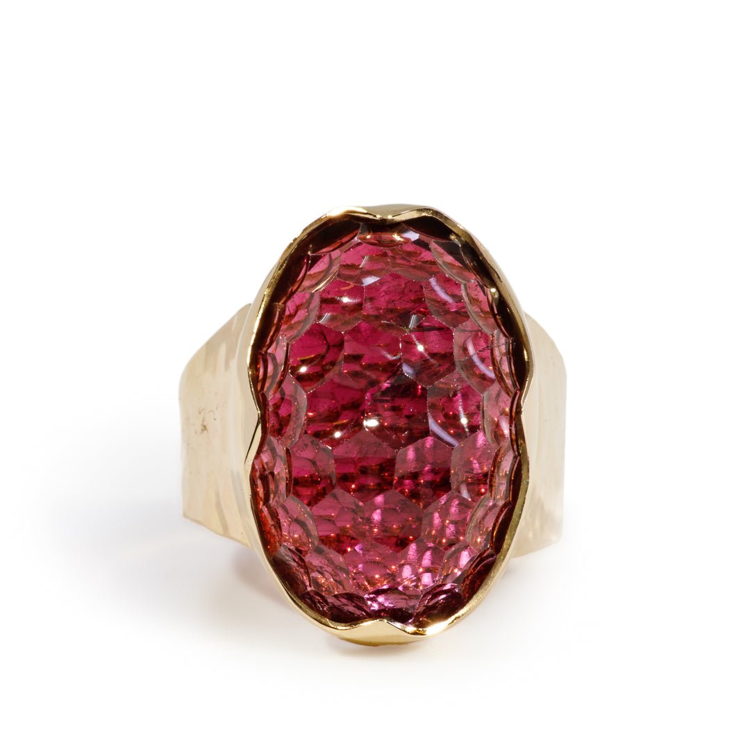 Rubellite Tourmaline 15.05 Carat Carved Cabochon 14k Handcrafted Gemstone Ring - BBO-379 - Crystalarium