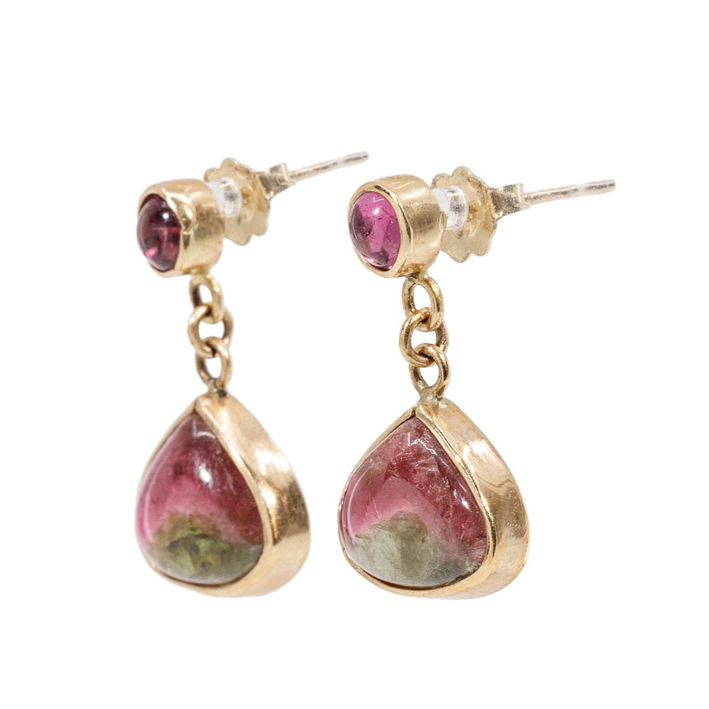 Pink and Green Tourmaline 11.28 mm 8.89 carats Drop Cabochon 14K Handcrafted Gemstone Earrings - BBO-230 - Crystalarium