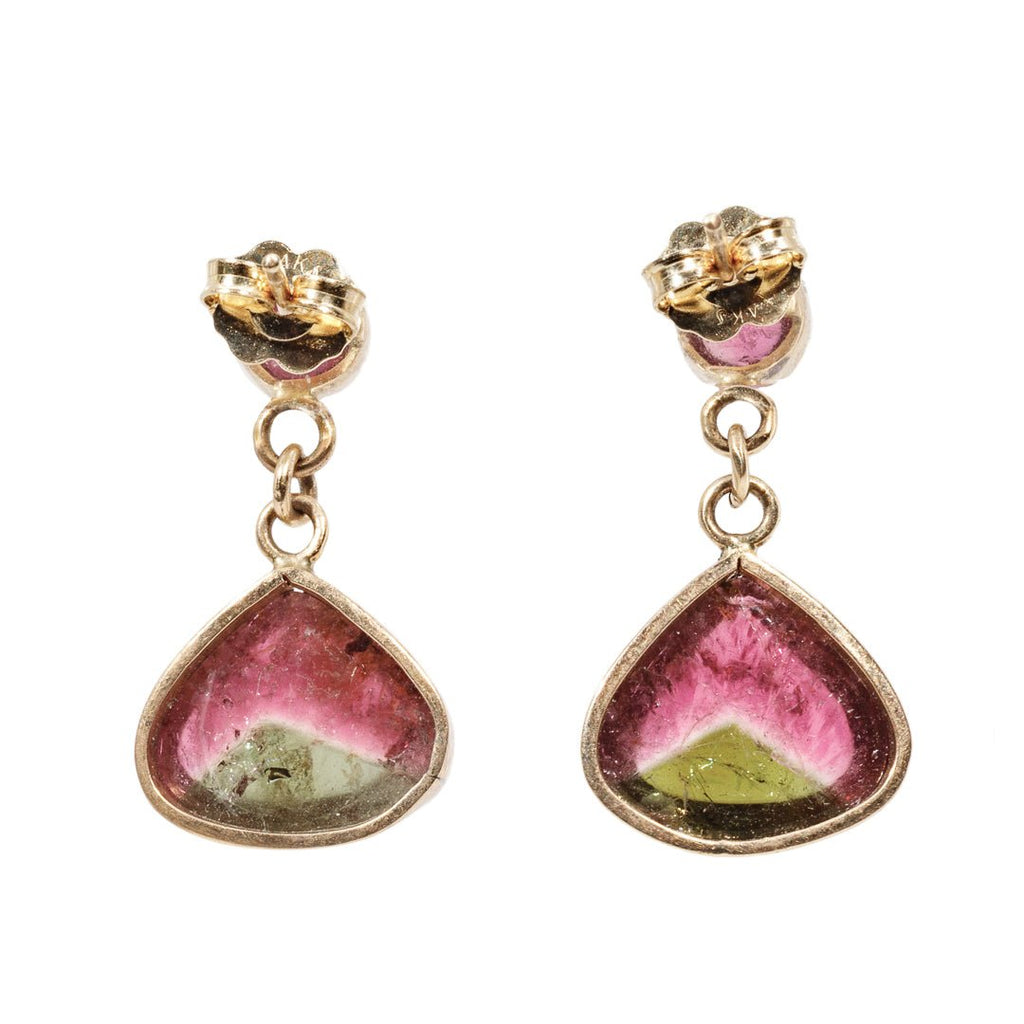 Pink and Green Tourmaline 11.28 mm 8.89 carats Drop Cabochon 14K Handcrafted Gemstone Earrings - BBO-230 - Crystalarium