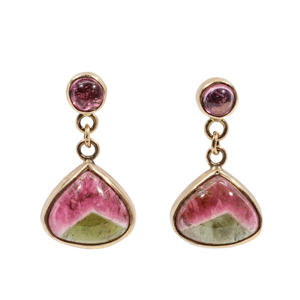 Pink and Green Tourmaline 11.28 mm 8.89 carats Drop Cabochon 14K Handcrafted Gemstone Earrings - BBO-230 - Crystalarium