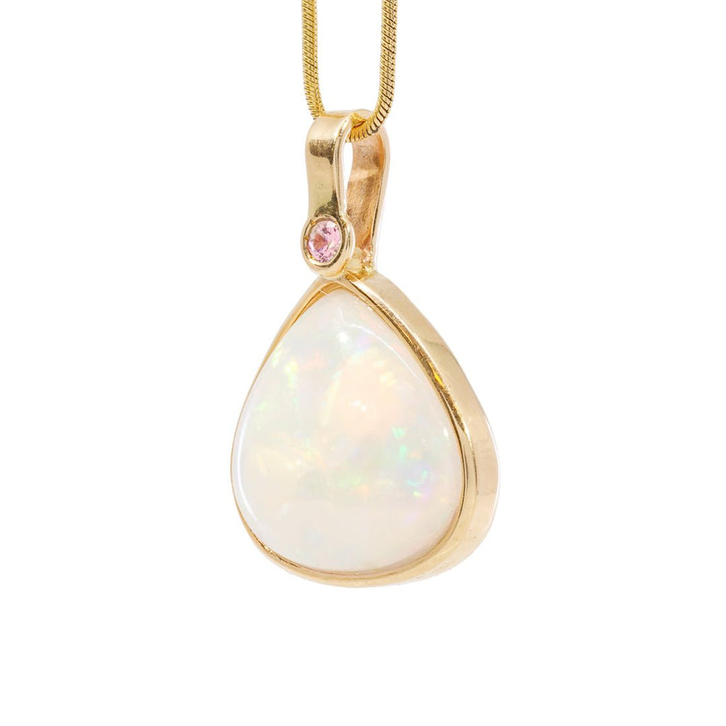 Opal 9.99 Carat Cabochon with Pink Sapphire 14k Handcrafted Gemstone Pendant - JJO-191 - Crystalarium