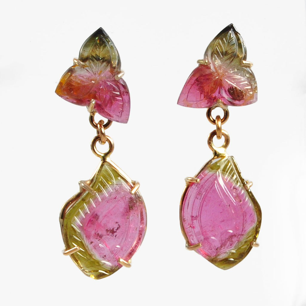 Bi-Color Tourmaline 33.0mm 16.13ct Pink and Green Leaf Carving Natural Crystal Handcrafted 14K Gemstone Earrings - EEO-108 - Crystalarium