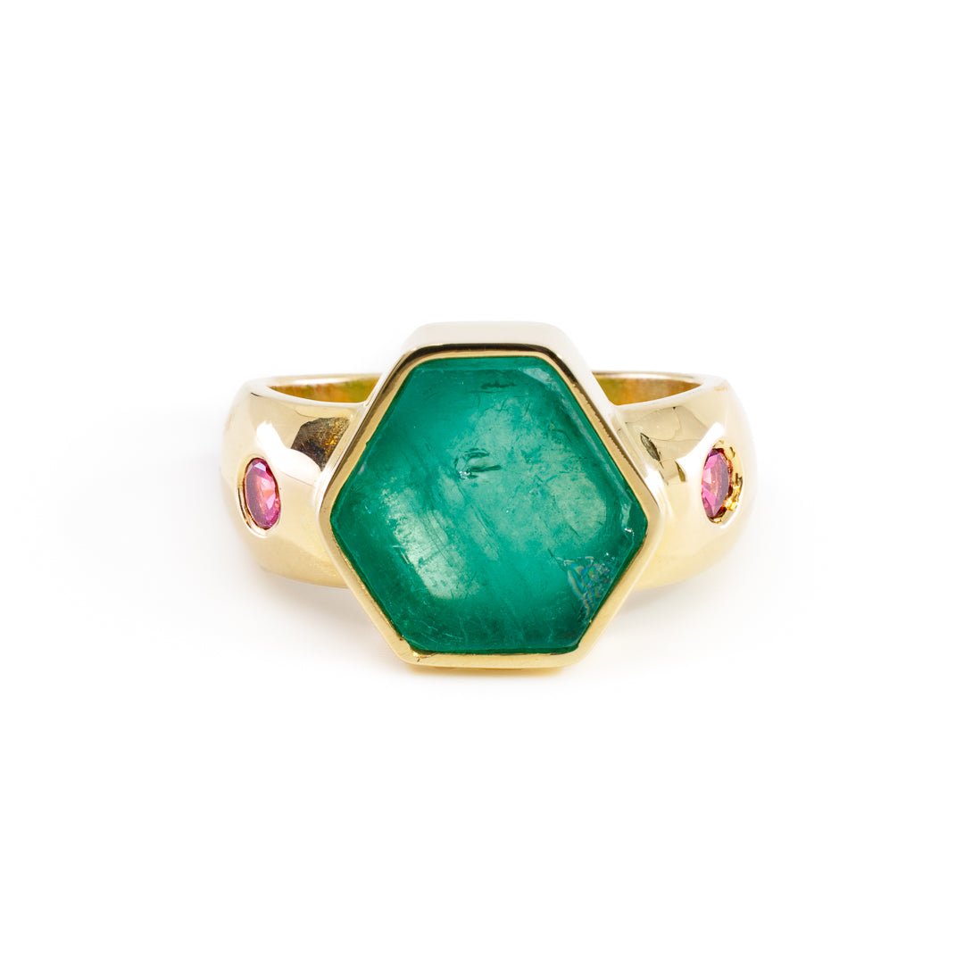 Emerald 7.11 Carat Slice with Pink Sapphires 18K Handcrafted Gemstone Ring - JJO-198 - Crystalarium