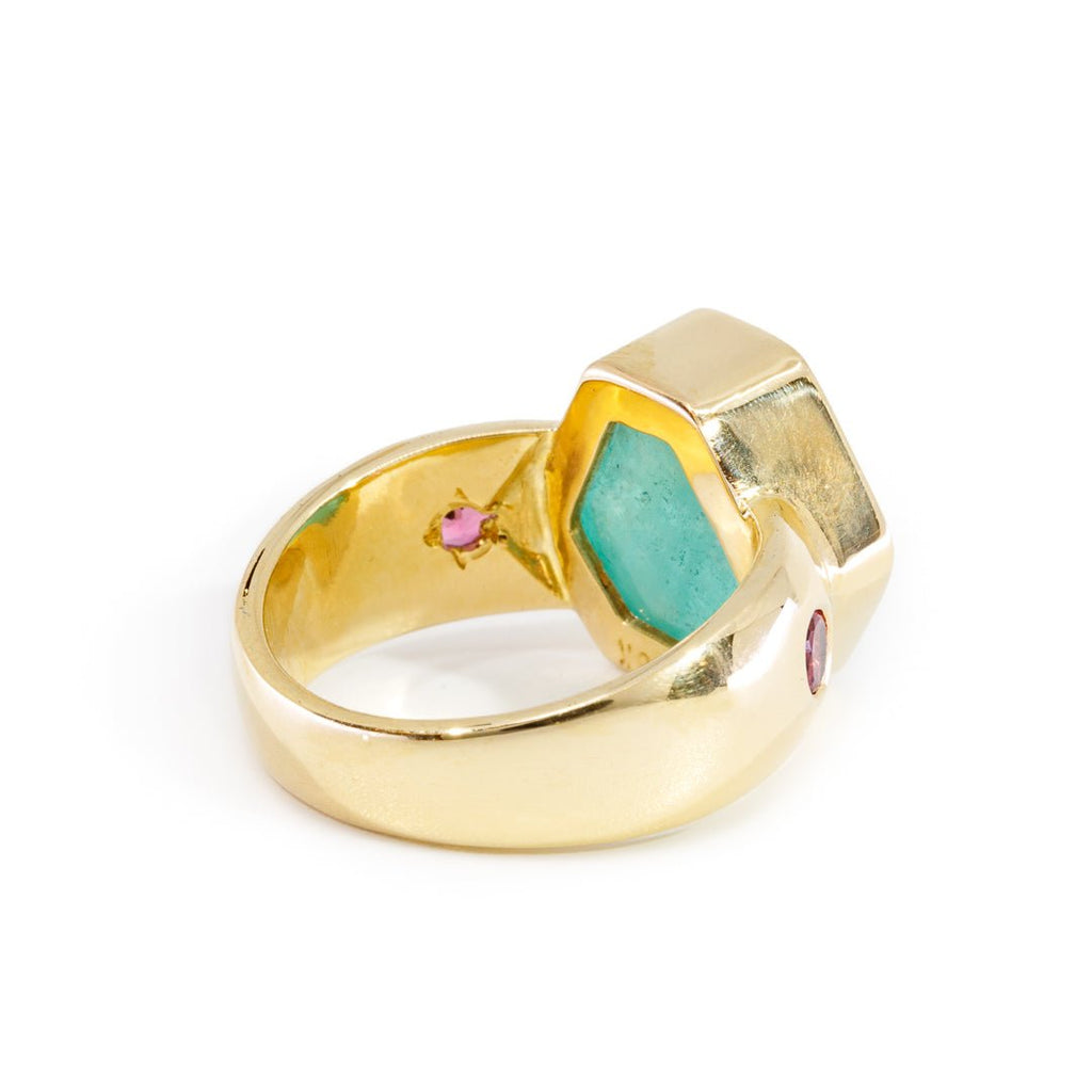 Emerald 7.11 Carat Slice with Pink Sapphires 18K Handcrafted Gemstone Ring - JJO-198 - Crystalarium