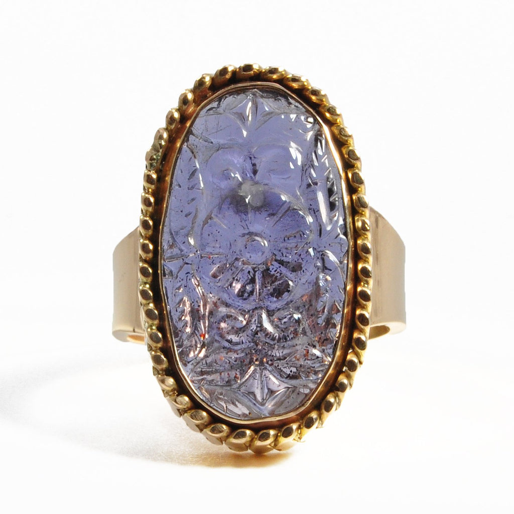 Tanzanite 6.34ct Floral Carving 14k Gold Handcrafted Gemstone Ring - FFO-070 - Crystalarium