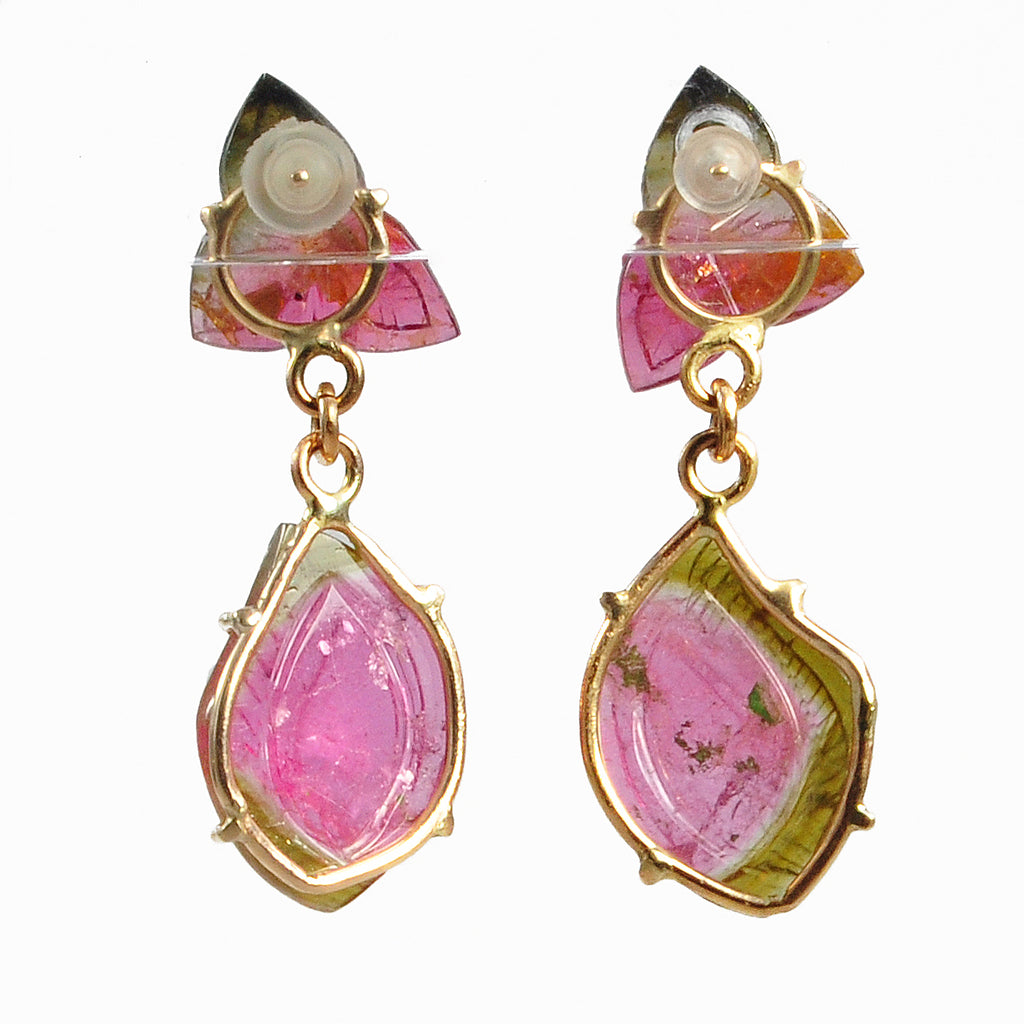 Bi-Color Tourmaline 33.0mm 16.13ct Pink and Green Leaf Carving Natural Crystal Handcrafted 14K Gemstone Earrings - EEO-108 - Crystalarium