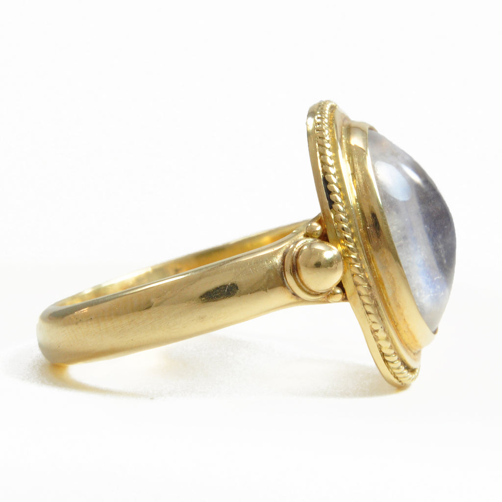 Blue Moonstone 13.35 mm 3.91 ct Oval Cabochon 18K Handcrafted Gemstone Ring - UO-275 - Crystalarium