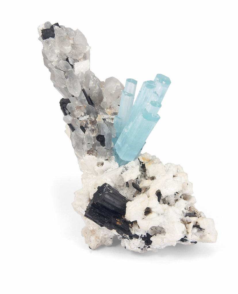 Aquamarine Spray 6.5 inch 2.23 lbs Natural Gem Crystal with Quartz and Black Tourmaline - MSCON-128 - Crystalarium