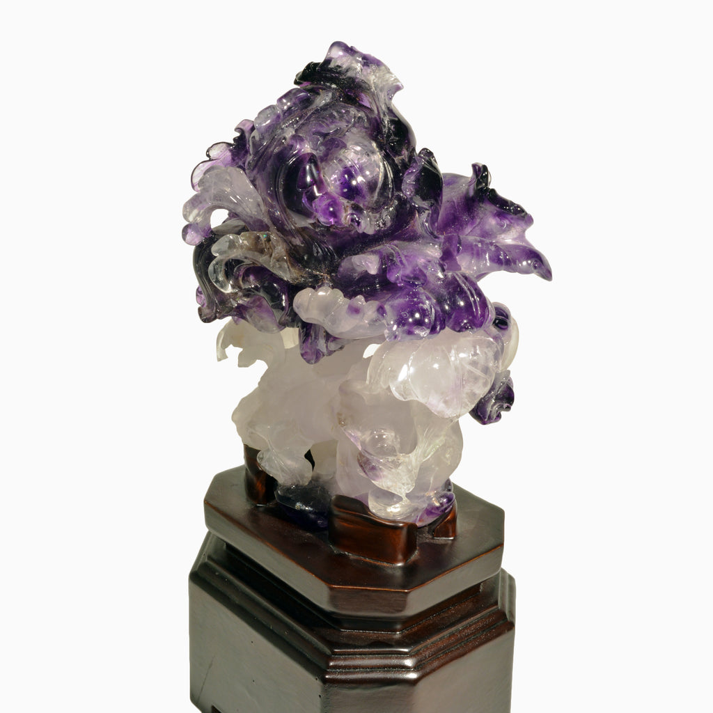 Amethyst 12 inch 6.35 lbs Natural Crystal Iris Gemstone Carving on Custom Wooden Base - China - CCF-001 - Crystalarium