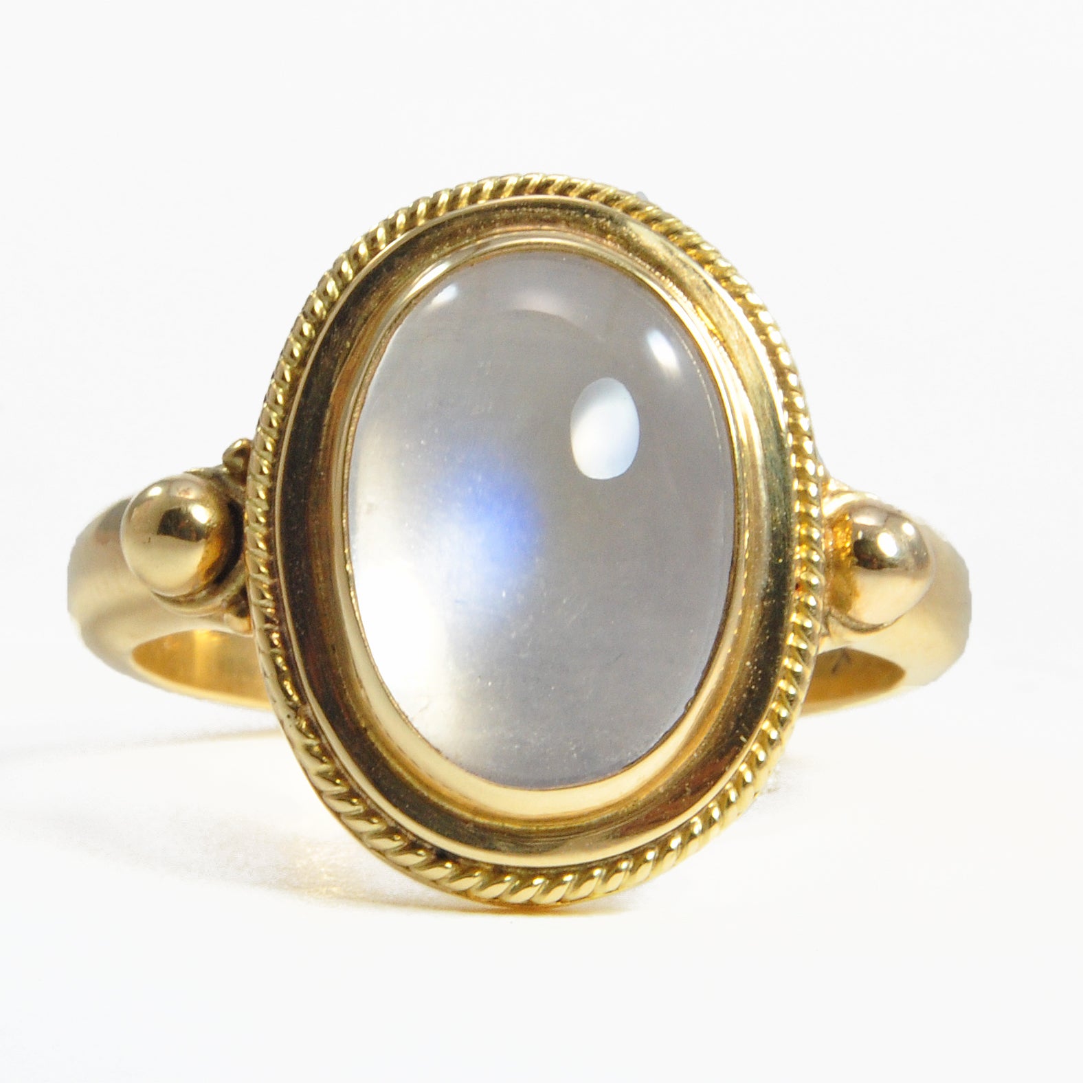 Blue Moonstone 13.35 mm 3.91 ct Oval Cabochon 18K Handcrafted Gemstone Ring - UO-275 - Crystalarium