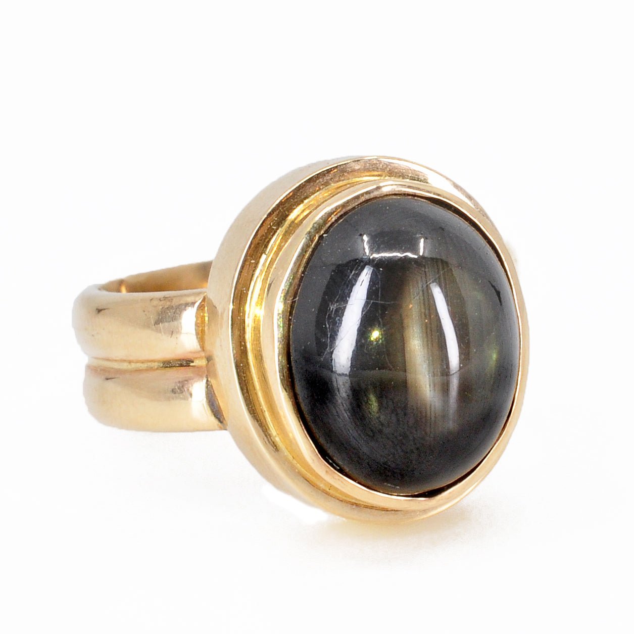 Black Star Sapphire 22 mm 16.26 ct Oval Cabochon 14K Handcrafted Gemstone Ring - BBO-259 - Crystalarium