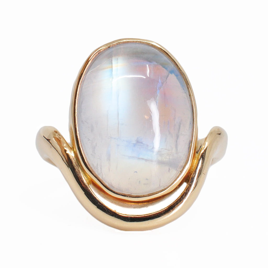 Blue Moonstone 18.6 mm 14.49 carat Oval Cabochon 14K Handcrafted Gemstone Ring - BBO-251 - Crystalarium