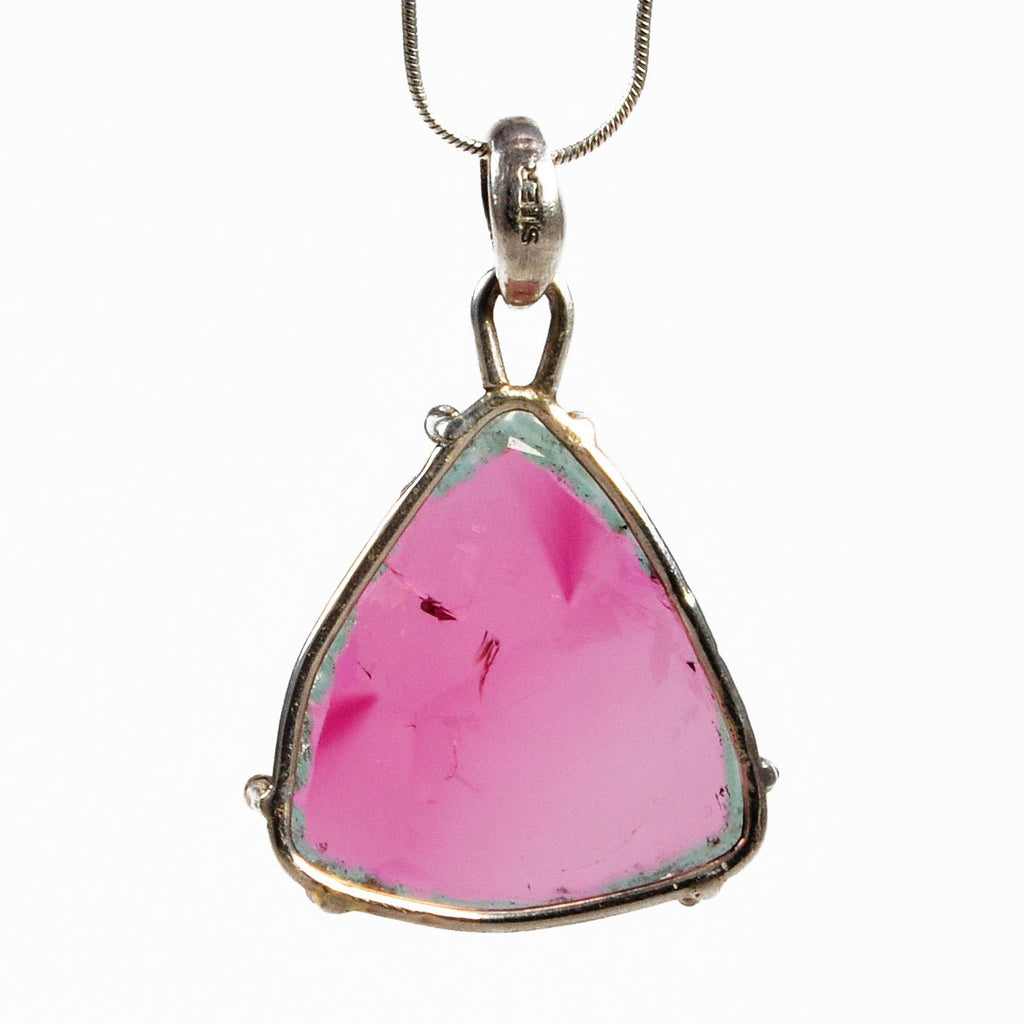 Watermelon Tourmaline 25.15mm 15.0 ct Natural Crystal Slice Handcrafted Sterling Silver Prong Pendant - ZO-164 - Crystalarium