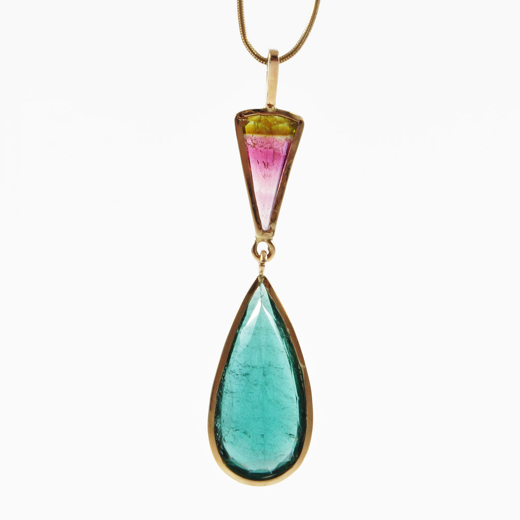 Tourmaline - Faceted Blue & Bi-Color Tourmaline 14k Gemstone Pendant - EEO-203 - Crystalarium