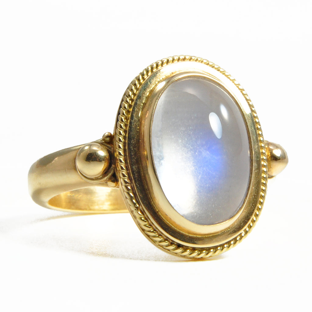 Blue Moonstone 13.35 mm 3.91 ct Oval Cabochon 18K Handcrafted Gemstone Ring - UO-275 - Crystalarium