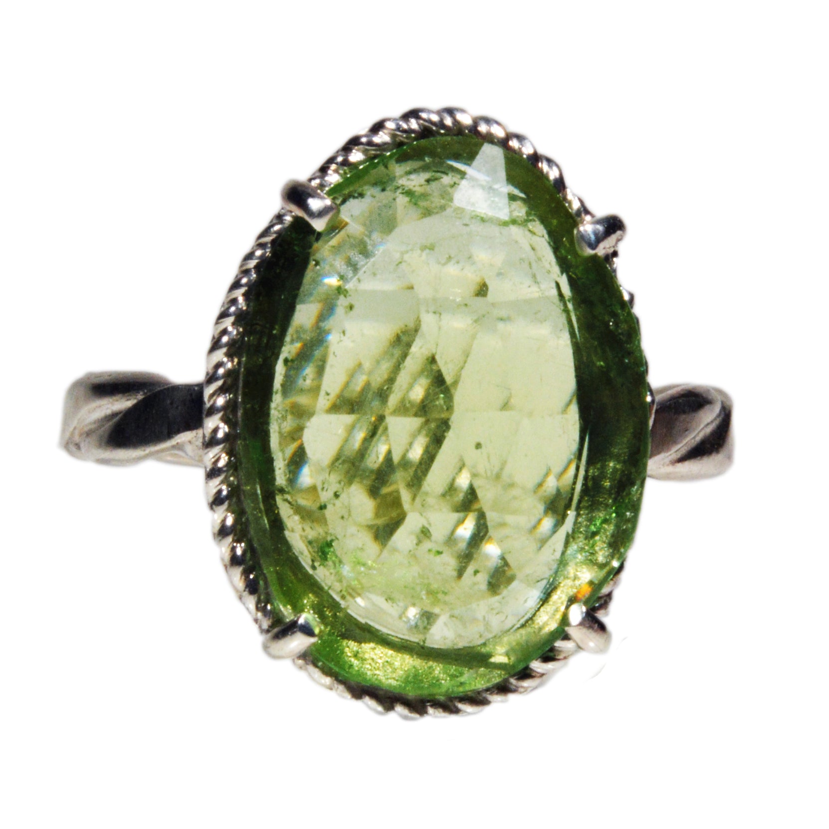Green Tourmaline 5.72ct Rose Cut Sterling Silver Handcrafted Ring - EEO-047 - Crystalarium