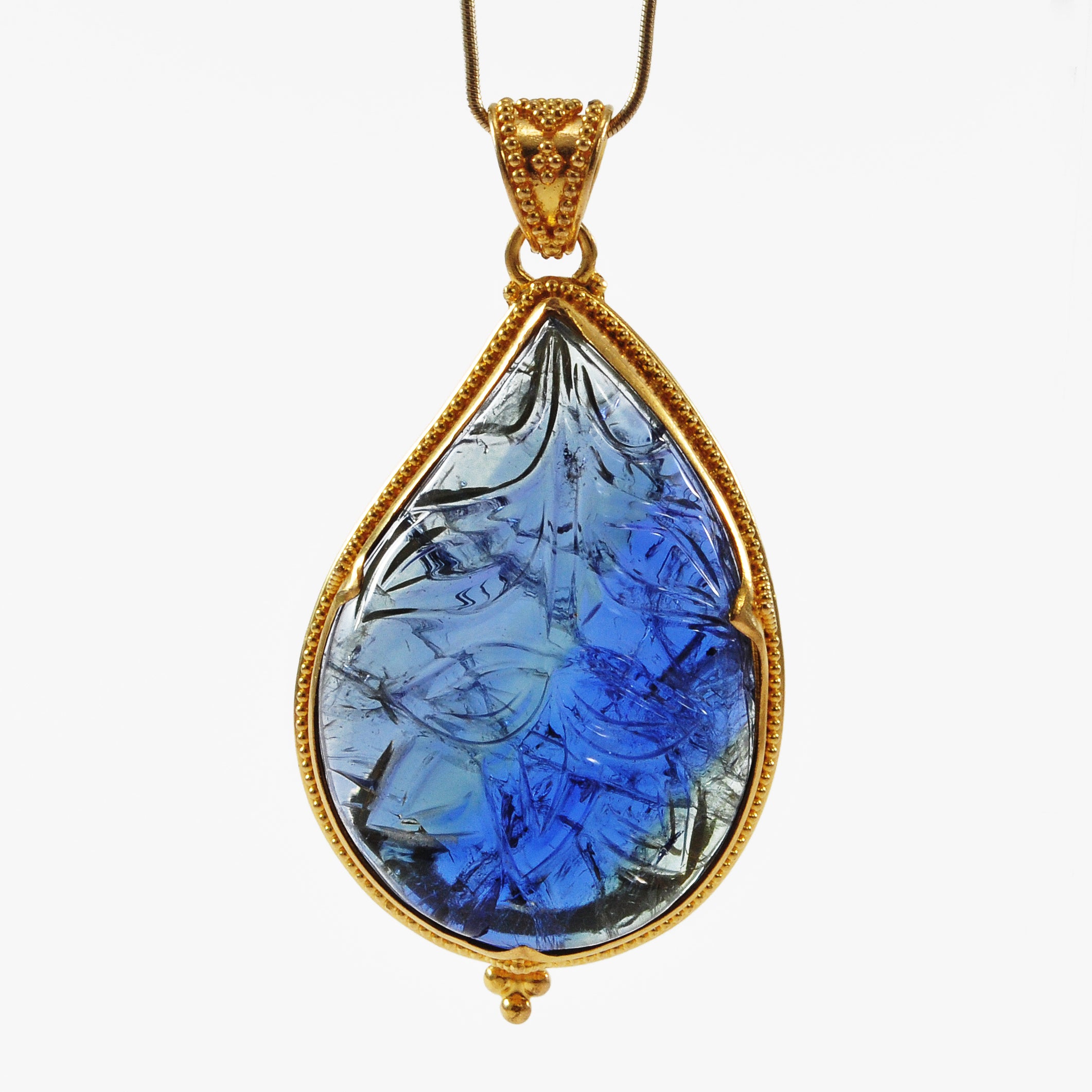 Tanzanite - Rare Bi-Color Tanzanite Floral Carving 46ct Handcrafted 22kt Gold Pendant - EEO-215 - Crystalarium