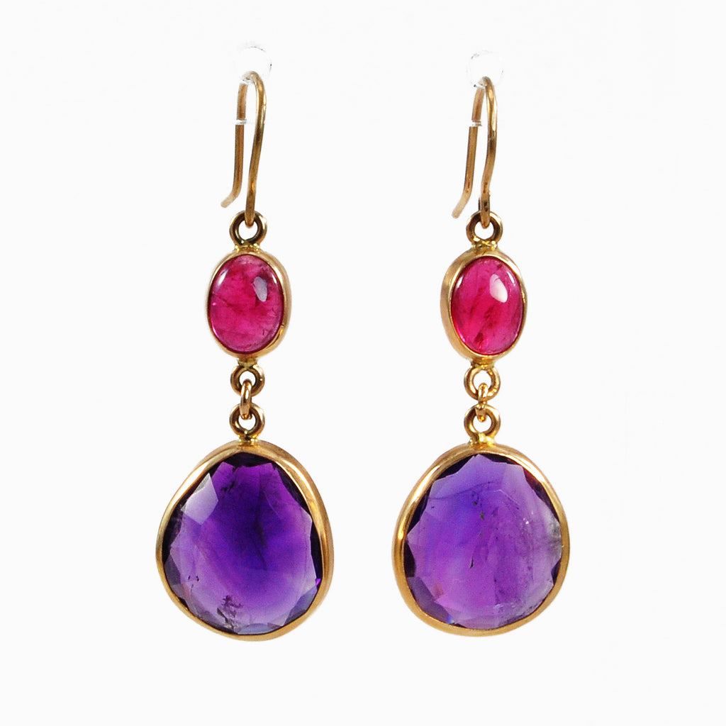 Amethyst with Pink Tourmaline 30.88mm 14.36 ct Handcrafted 14K Gemstone Earrings - BBO-226 - Crystalarium