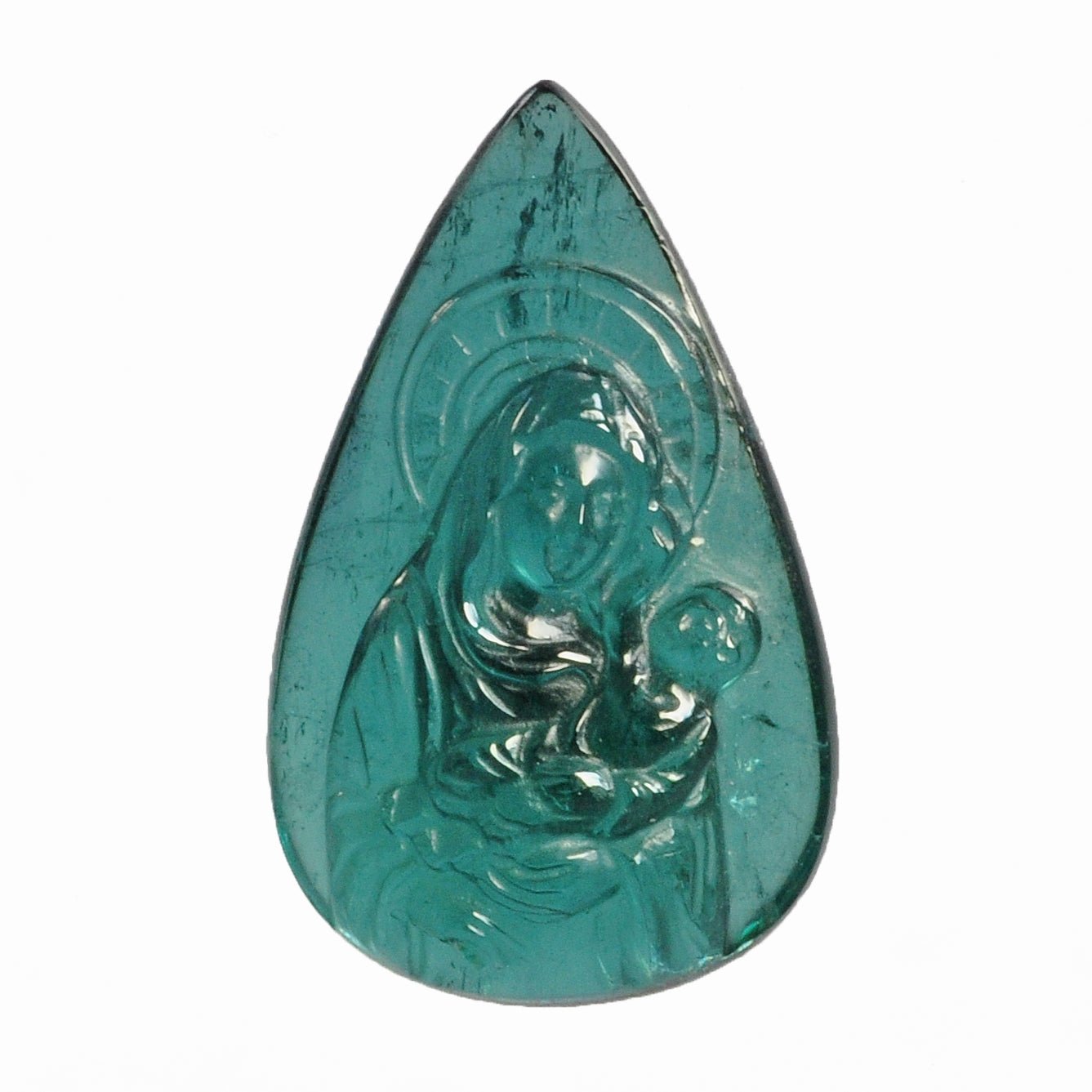 Blue-Green Tourmaline 26.59mm 24.0ct Natural Gemstone "Mary and Child" Carving - EEF-012 - Crystalarium