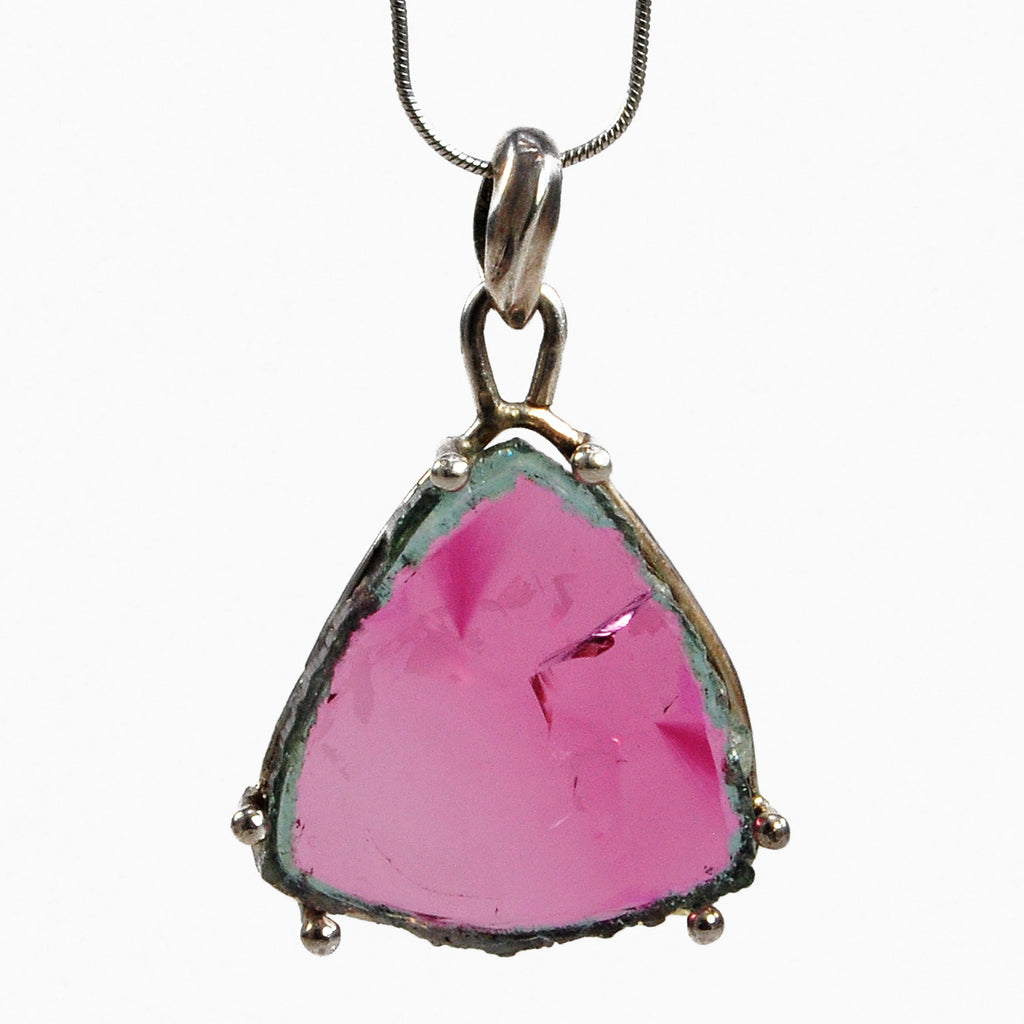 Watermelon Tourmaline 25.15mm 15.0 ct Natural Crystal Slice Handcrafted Sterling Silver Prong Pendant - ZO-164 - Crystalarium