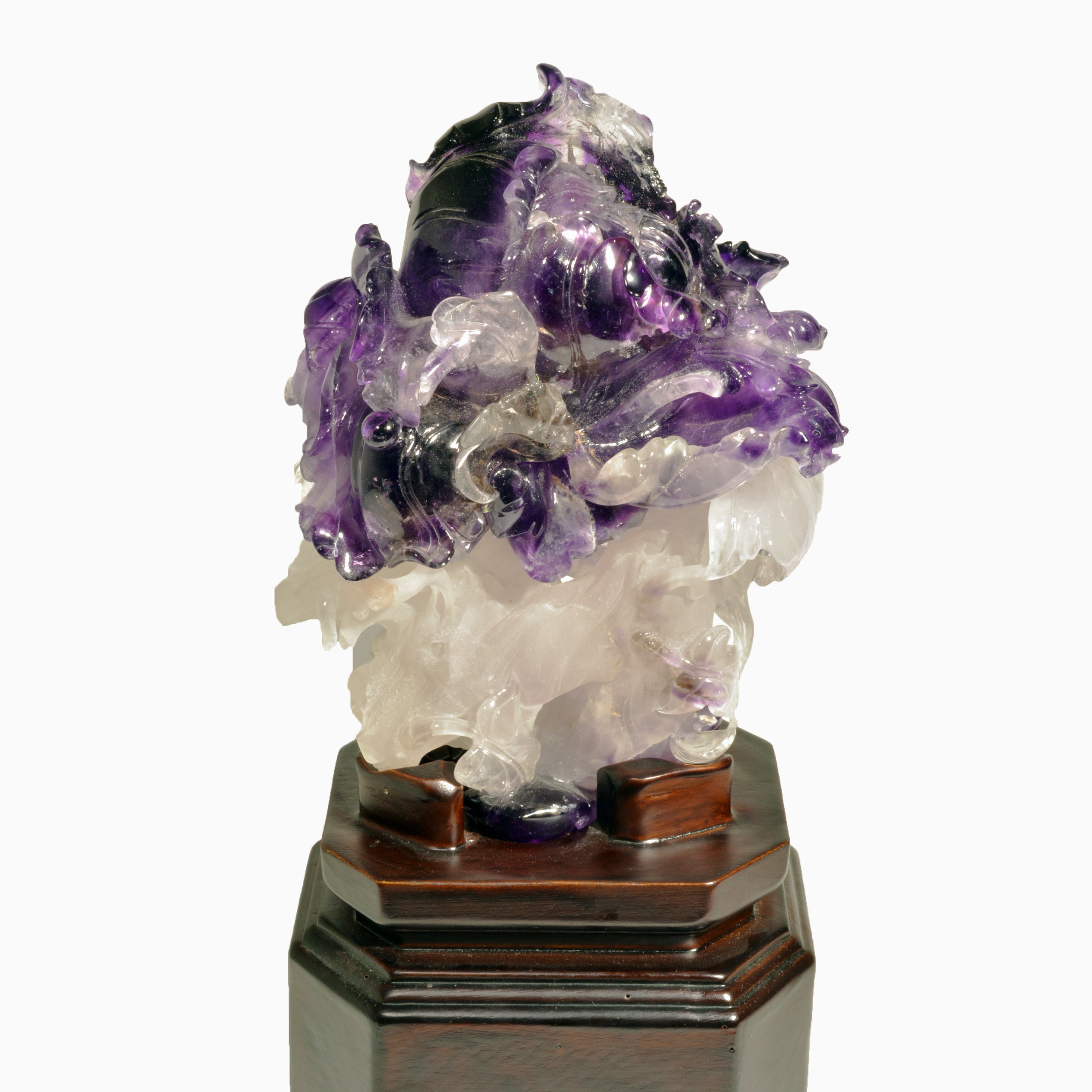 Amethyst 12 inch 6.35 lbs Natural Crystal Iris Gemstone Carving on Custom Wooden Base - China - CCF-001 - Crystalarium