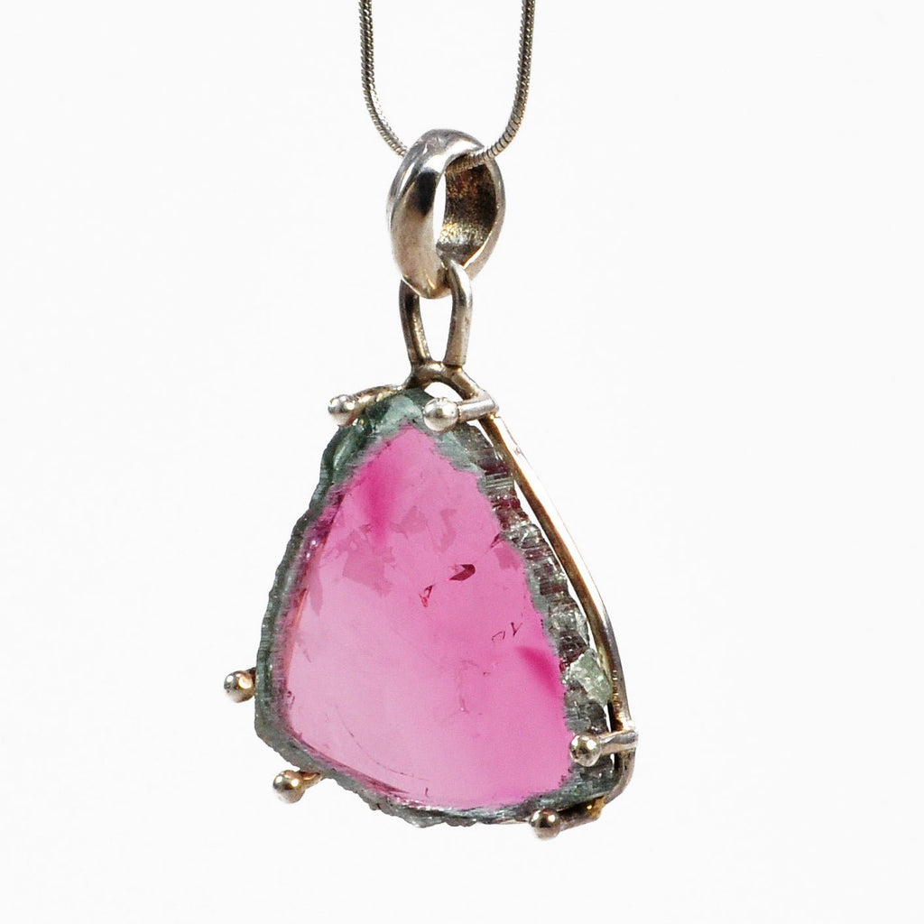 Watermelon Tourmaline 25.15mm 15.0 ct Natural Crystal Slice Handcrafted Sterling Silver Prong Pendant - ZO-164 - Crystalarium