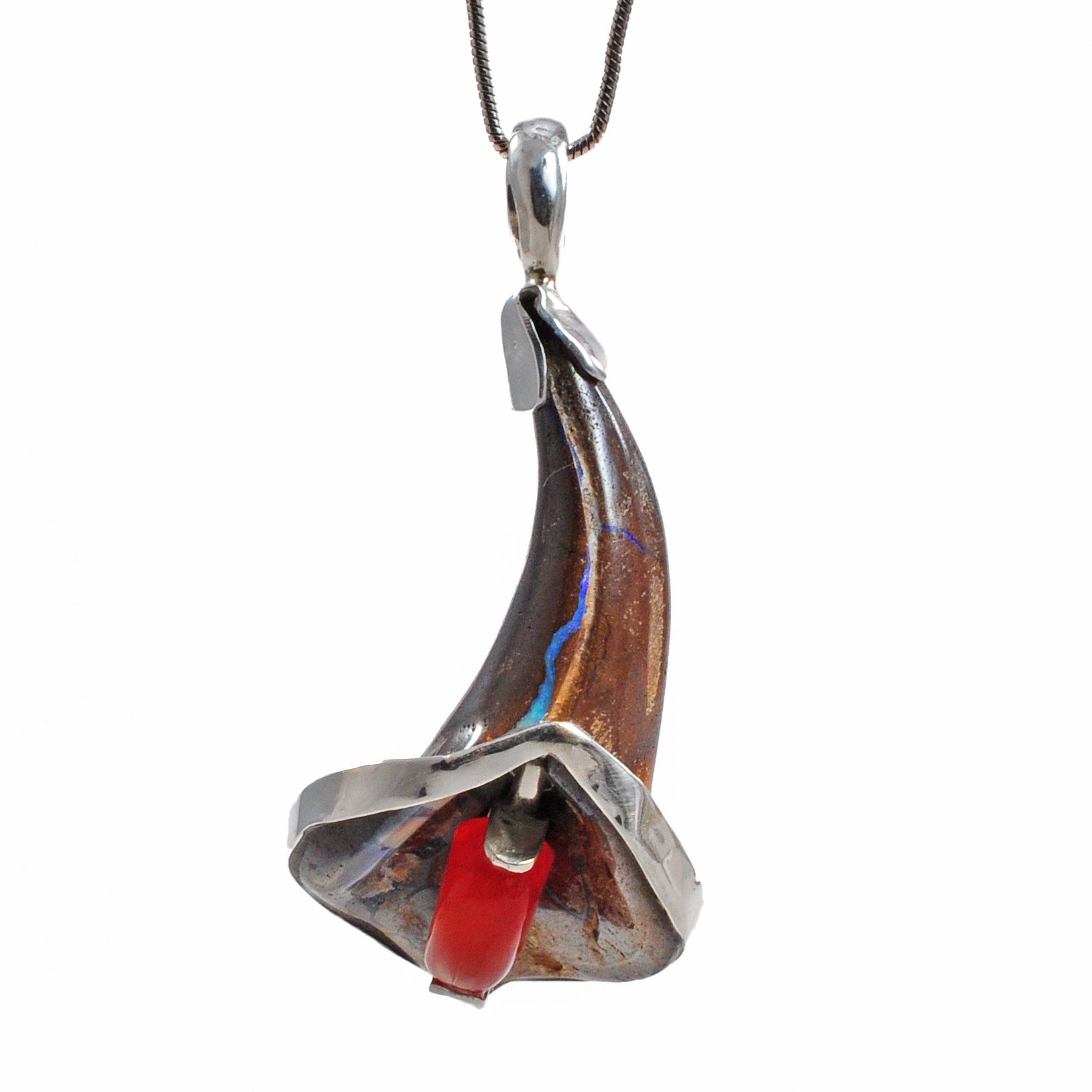 Boulder Opal 31.78 mm 21.26 ct Lily Carving Sterling Silver Handcrafted Pendant - EEO-009 - Crystalarium