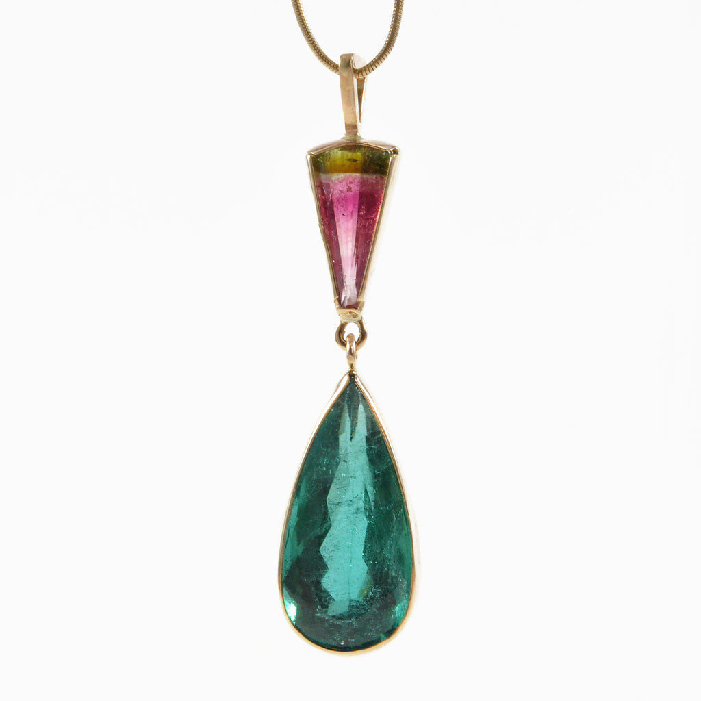 Tourmaline - Faceted Blue & Bi-Color Tourmaline 14k Gemstone Pendant - EEO-203 - Crystalarium