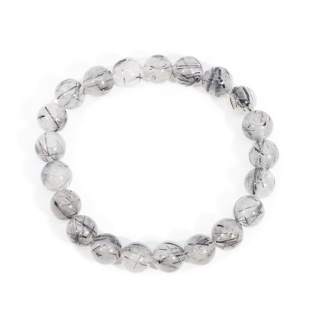 Black Tourmaline in Quartz 9-10mm Beaded Bracelet - KKW-039 - Crystalarium