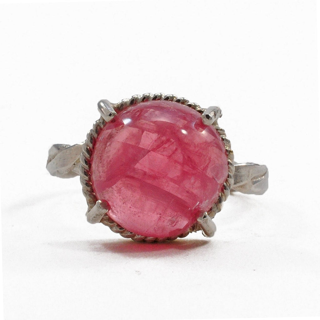Rhodochrosite 11.88 mm 6.79 ct Circle Cabochon Natural Crystal Sterling Silver Handcrafted Ring - EEO-089 - Crystalarium