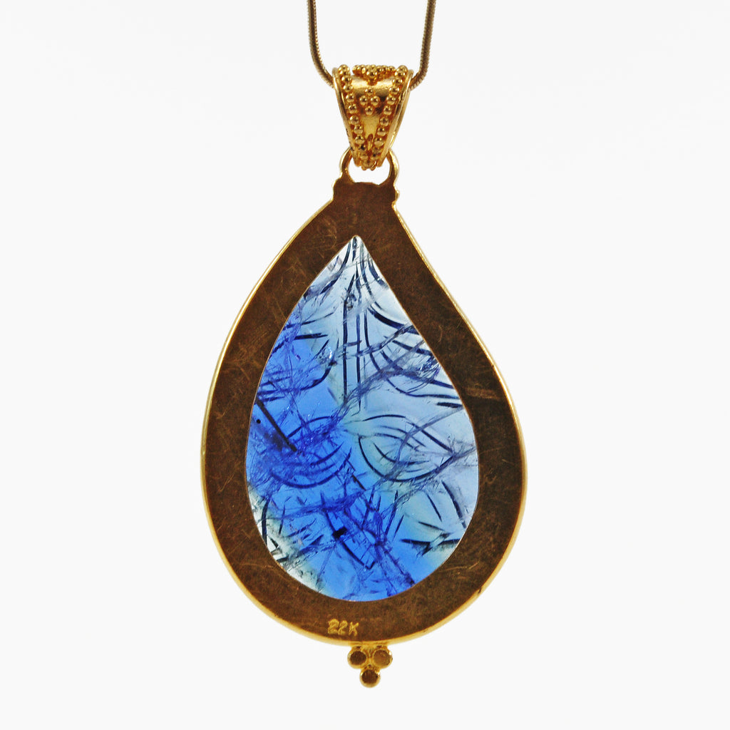 Tanzanite - Rare Bi-Color Tanzanite Floral Carving 46ct Handcrafted 22kt Gold Pendant - EEO-215 - Crystalarium