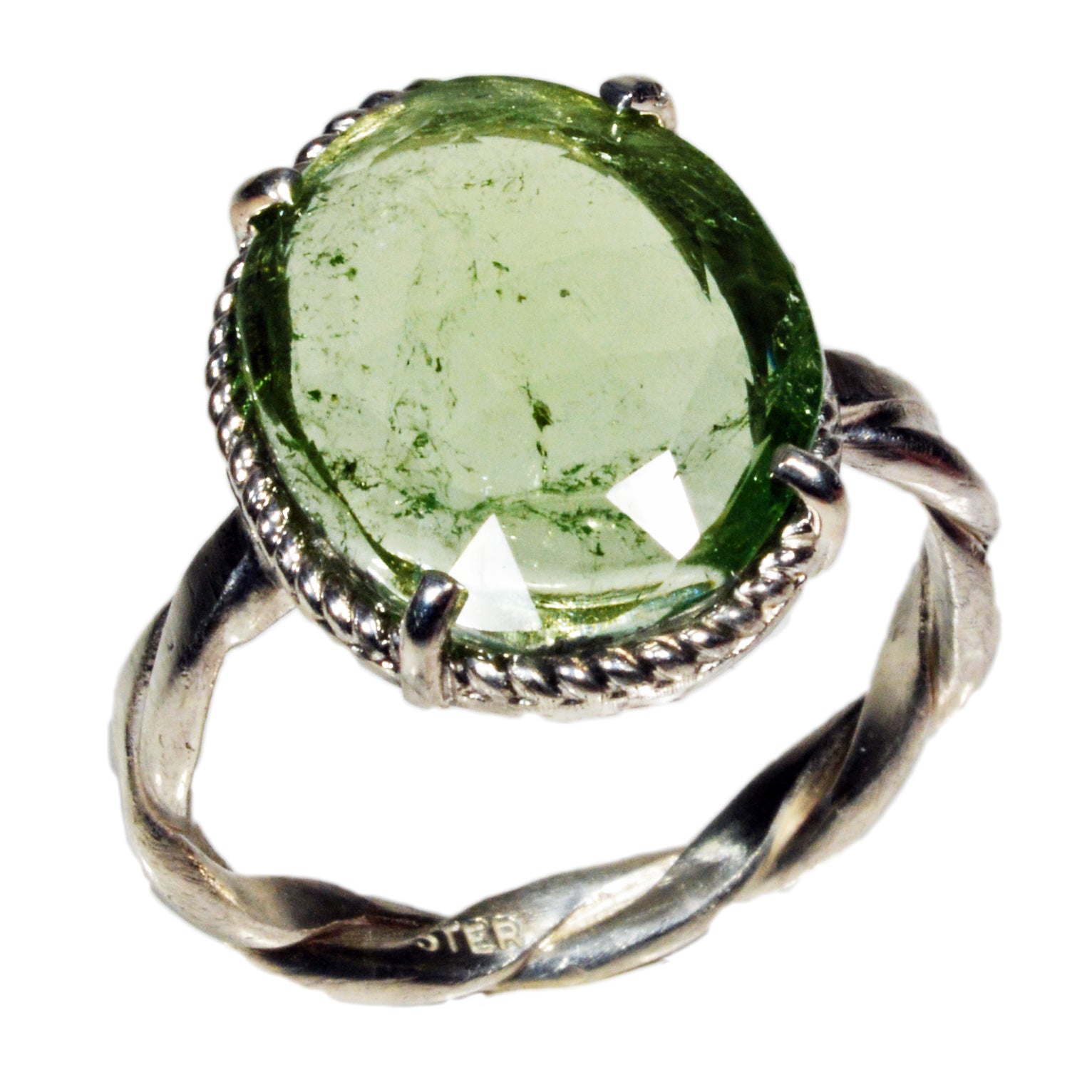 Green Tourmaline 5.72ct Rose Cut Sterling Silver Handcrafted Ring - EEO-047 - Crystalarium