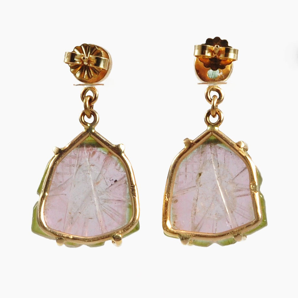 Watermelon Tourmaline 28.0mm 19.2 ct Floral Carving Handcrafted 14K Gemstone Earrings - BBO-227 - Crystalarium