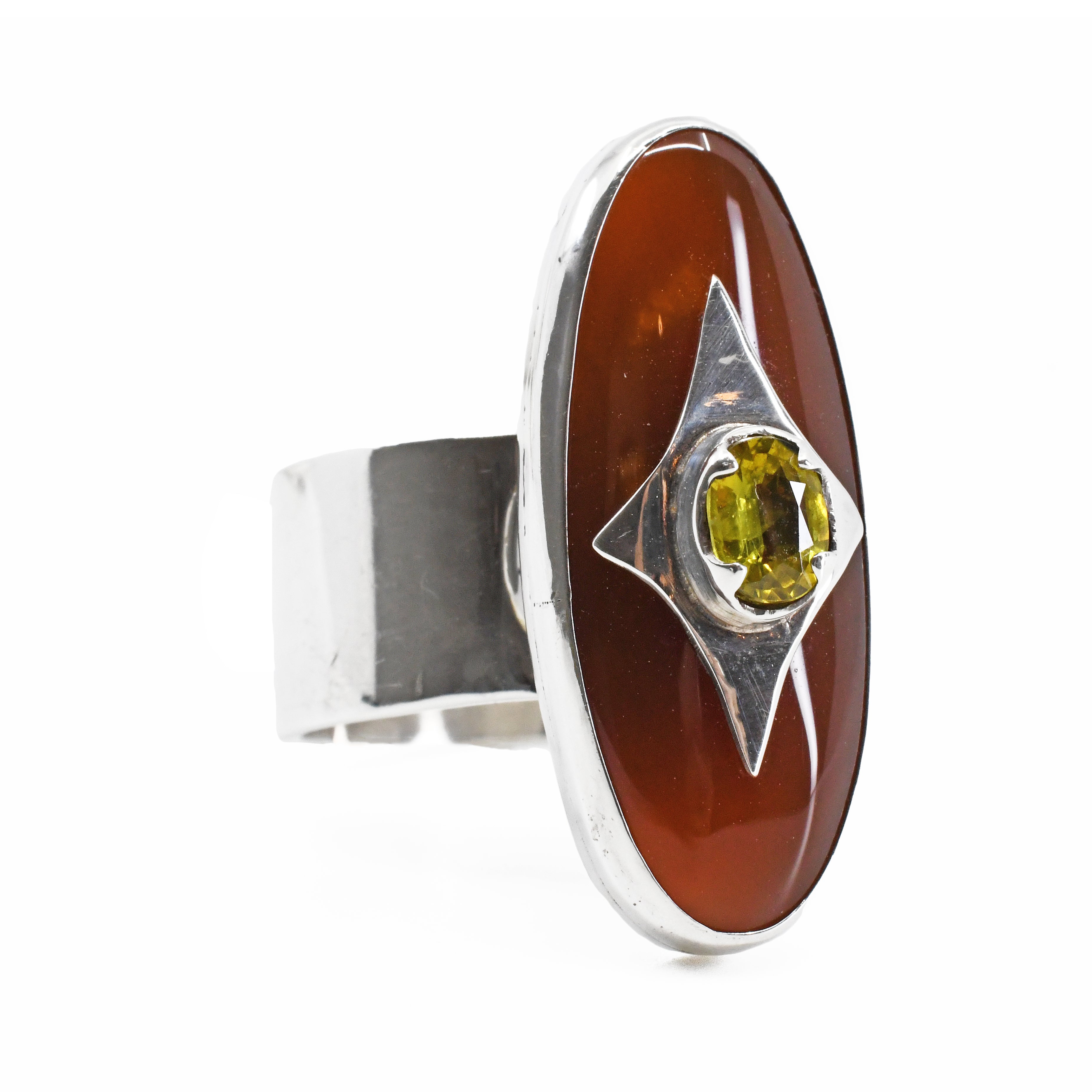 Carnelian Cabochon with Faceted Yellow Sapphire Sterling Silver Handcrafted Ring - YO-287 - Crystalarium