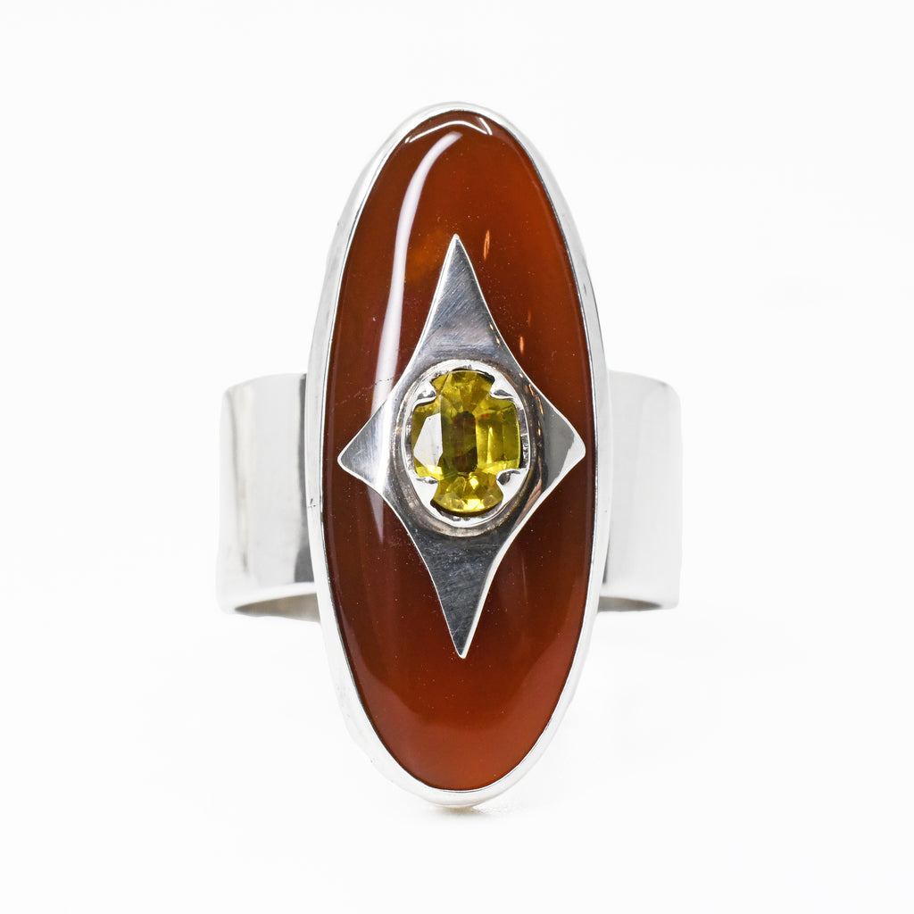 Carnelian Cabochon with Faceted Yellow Sapphire Sterling Silver Handcrafted Ring - YO-287 - Crystalarium