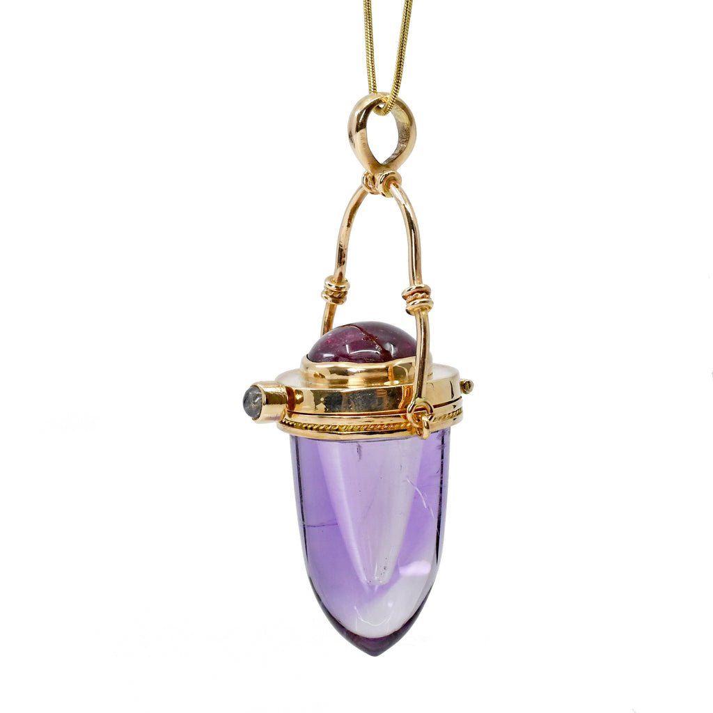Amethyst 30.25 mm 77.23 ct with Tourmaline and Moonstone Handcrafted 14K Gemstone Vessel Pendant - GGO-102 - Crystalarium