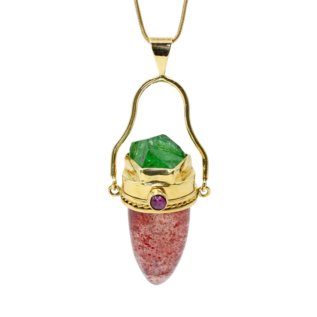 Strawberry Quartz 25.5mm 31.71ct with Tsavorite Garnet and Ruby Handcrafted 18K Gemstone Vessel - GGO-104 - Crystalarium
