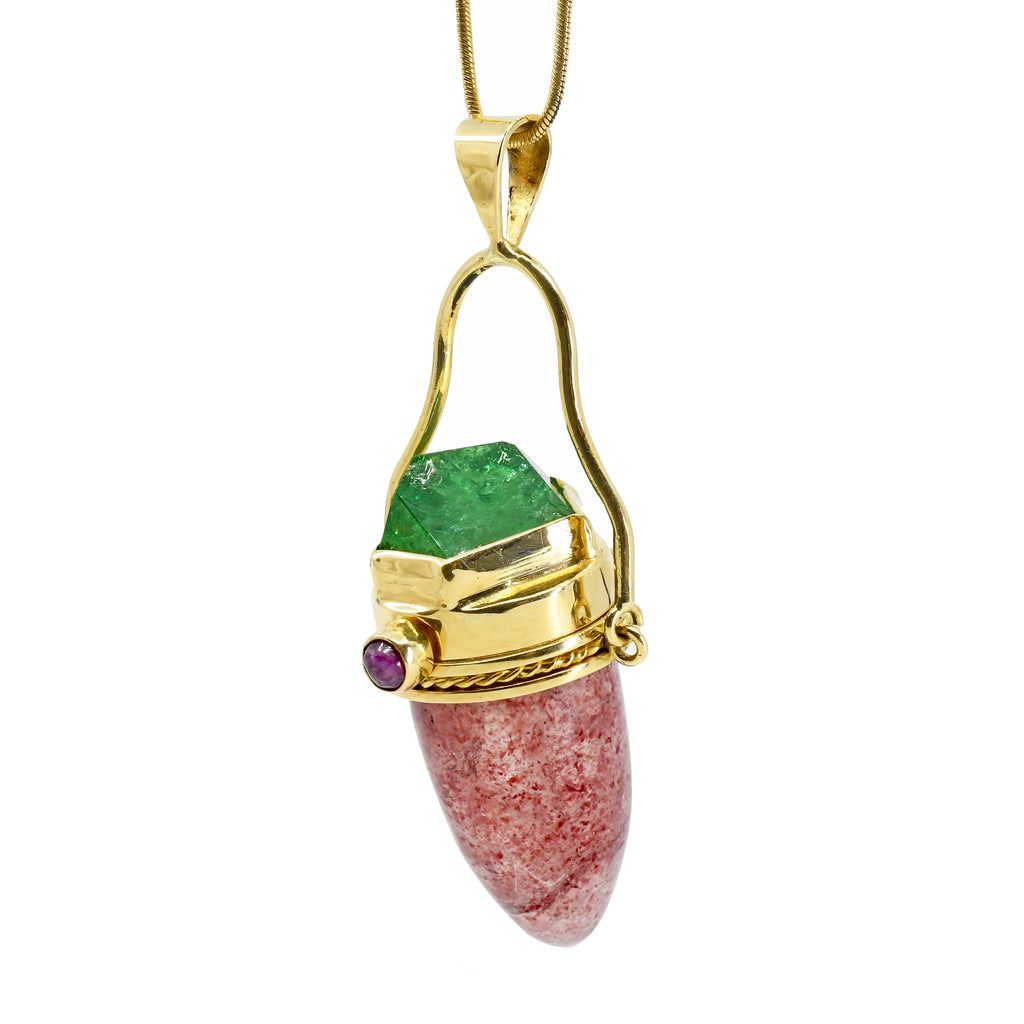 Strawberry Quartz 25.5mm 31.71ct with Tsavorite Garnet and Ruby Handcrafted 18K Gemstone Vessel - GGO-104 - Crystalarium