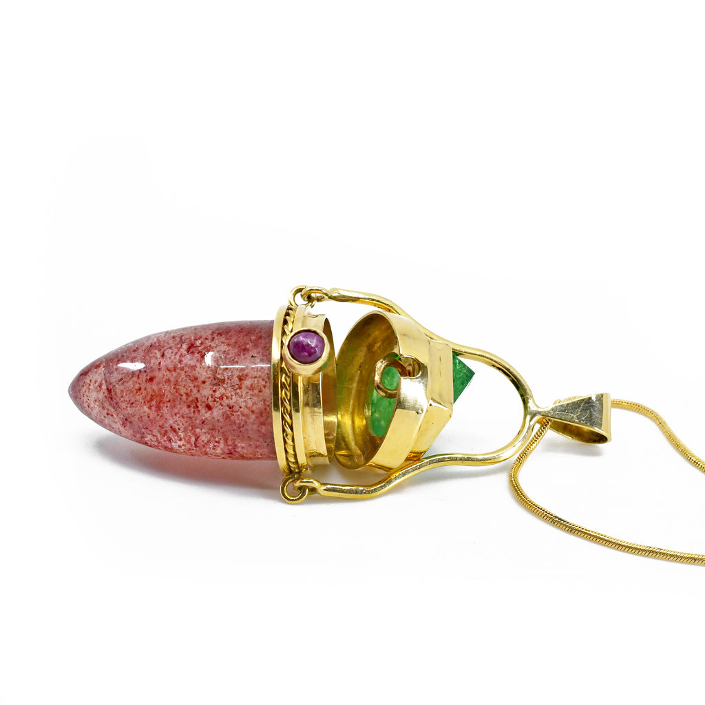 Strawberry Quartz 25.5mm 31.71ct with Tsavorite Garnet and Ruby Handcrafted 18K Gemstone Vessel - GGO-104 - Crystalarium