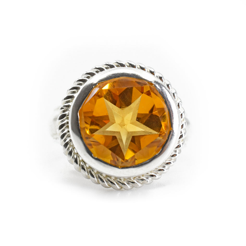 Citrine 6.31ct Faceted Round Sterling Silver Handcrafted Ring - GGO-115 - Crystalarium