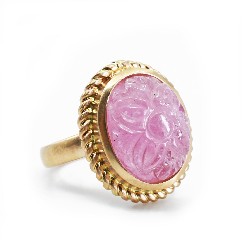 Pink Tourmaline 13.81 mm 10.4 carats Floral Carved 14K Handcrafted Ring - GGO-173 - Crystalarium