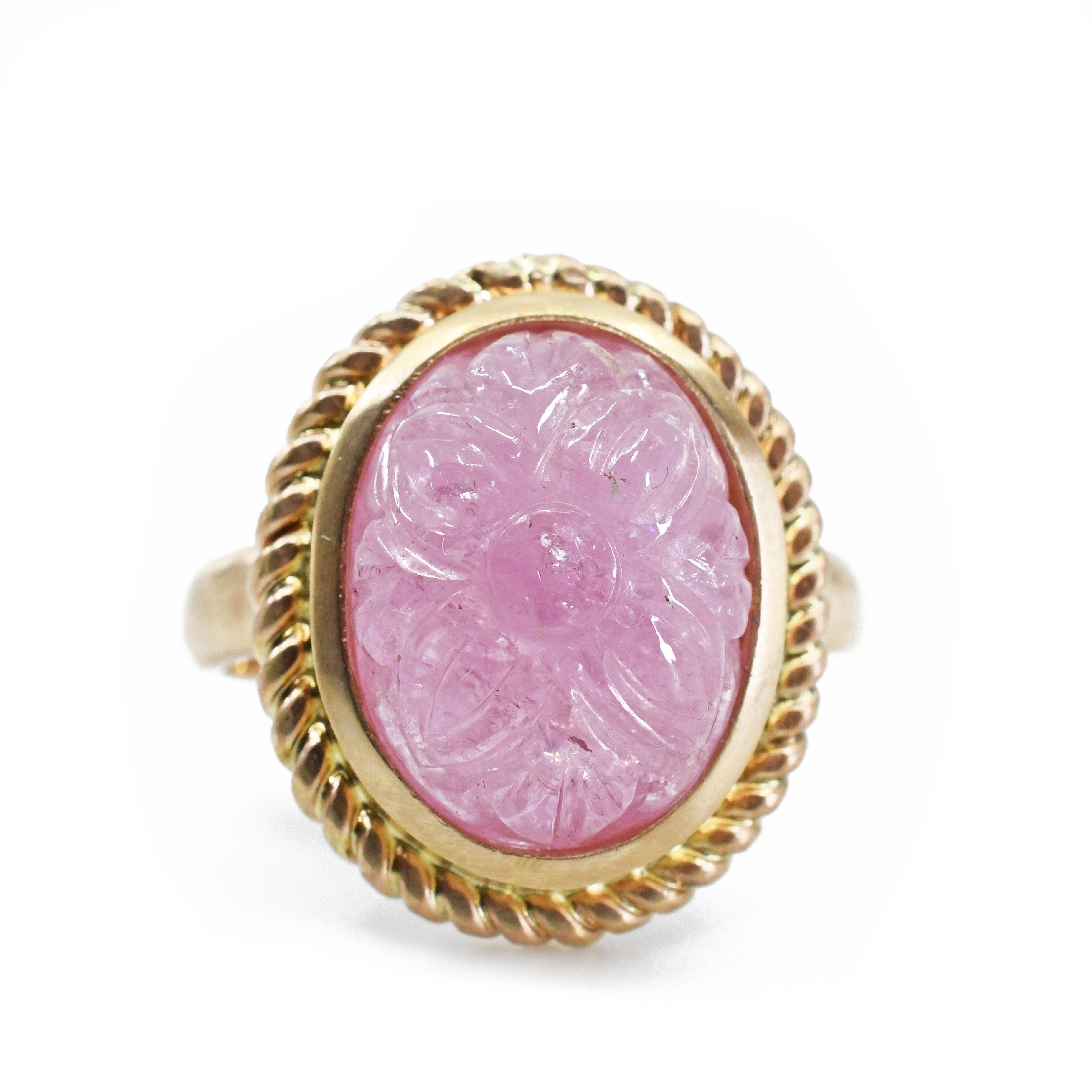 Pink Tourmaline 13.81 mm 10.4 carats Floral Carved 14K Handcrafted Ring - GGO-173 - Crystalarium