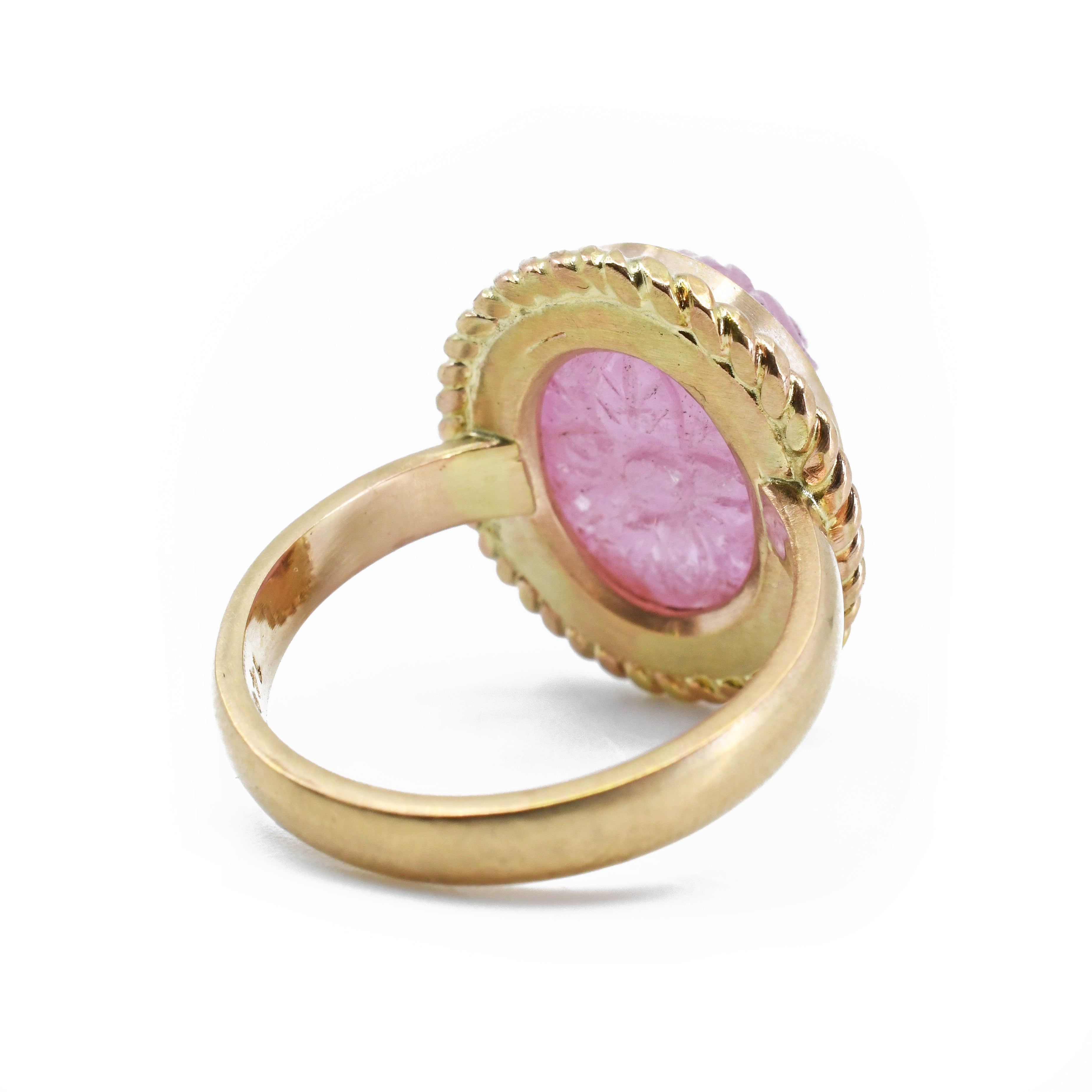 Pink Tourmaline 13.81 mm 10.4 carats Floral Carved 14K Handcrafted Ring - GGO-173 - Crystalarium