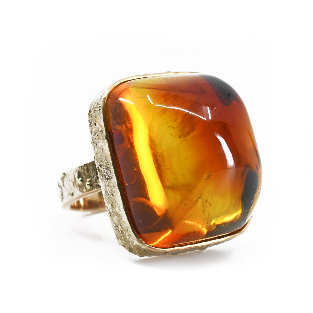 Amber- Hand Cut Red Amber Cabochon 14k Handcrafted Gemstone Ring - WO-433 - Crystalarium