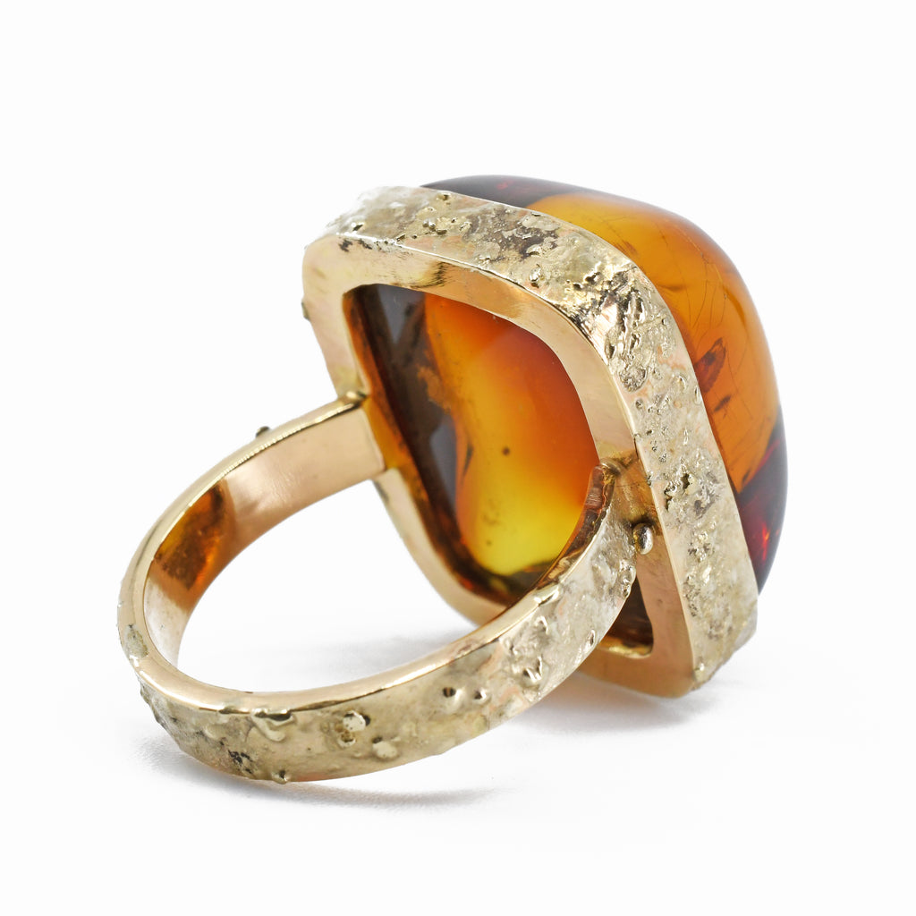 Amber- Hand Cut Red Amber Cabochon 14k Handcrafted Gemstone Ring - WO-433 - Crystalarium