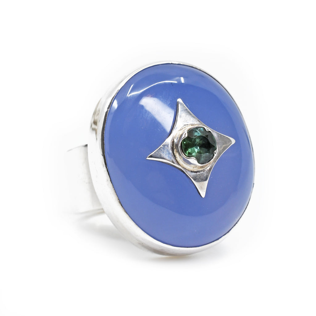 Chalcedony with Blue Tourmaline Gemstone Accent Handcrafted Sterling Silver Ring - YO-242 - Crystalarium