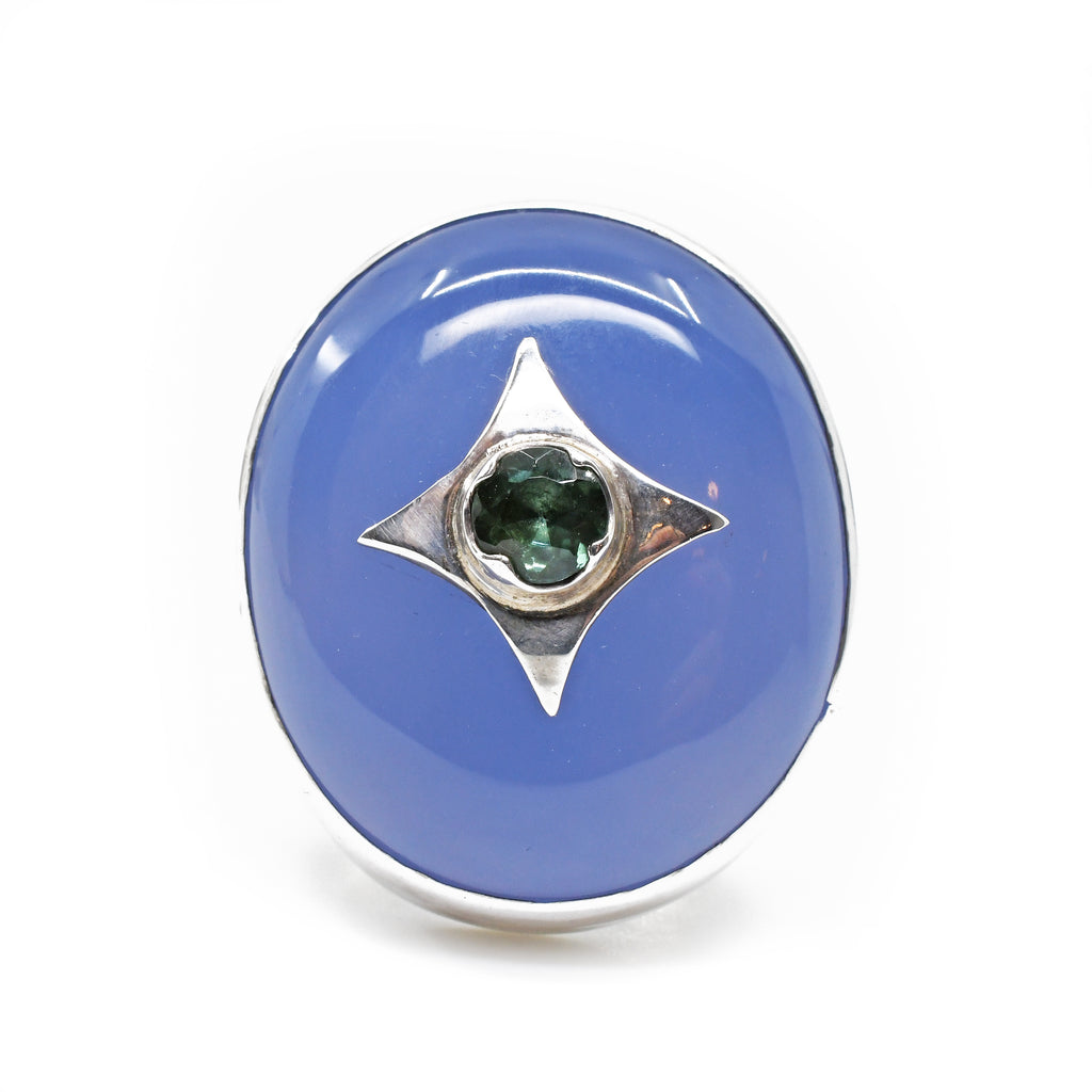 Chalcedony with Blue Tourmaline Gemstone Accent Handcrafted Sterling Silver Ring - YO-242 - Crystalarium